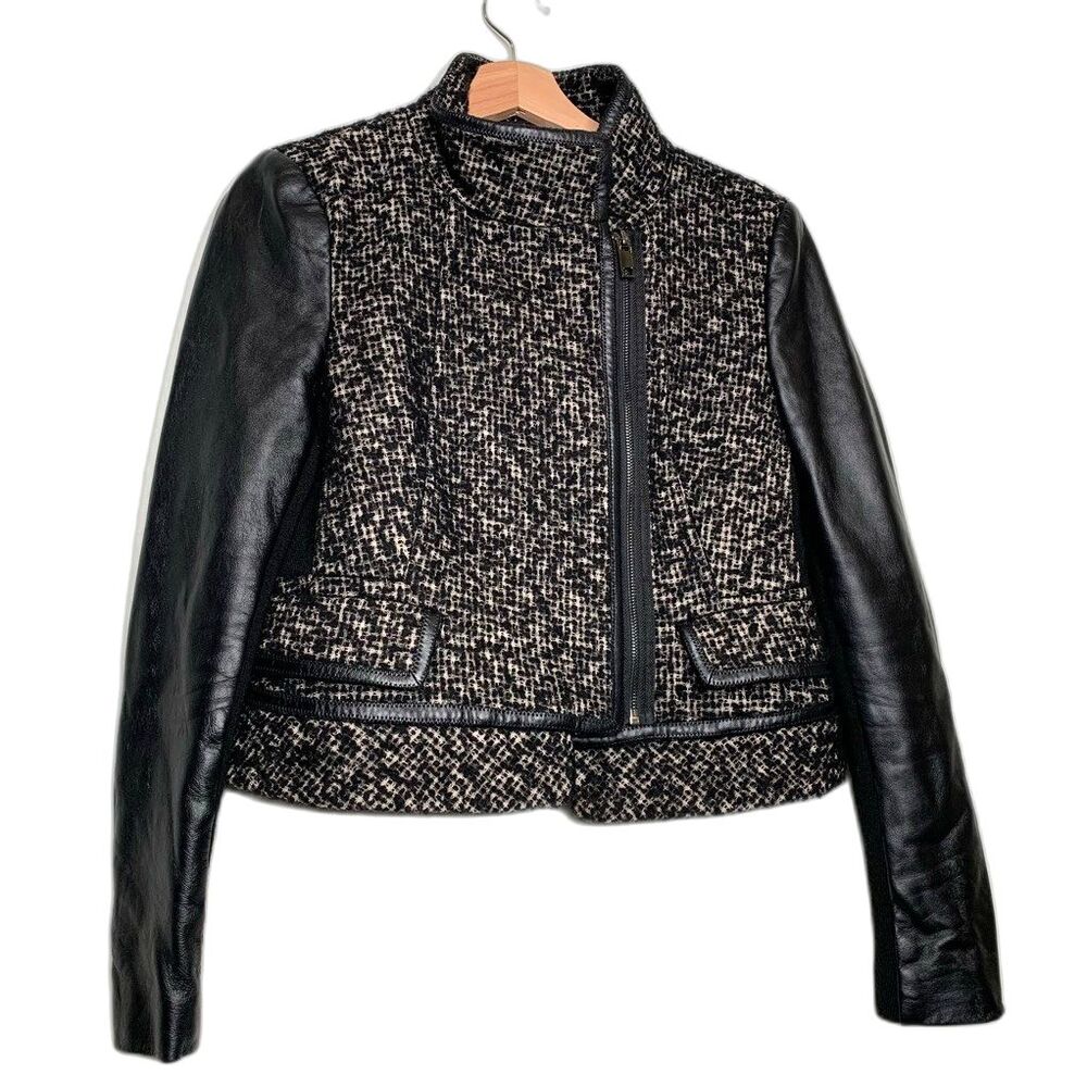 Zara Womens Tweed Faux Leather Sleeves Jacket Asymmetric Zip Up Pockets L NWT